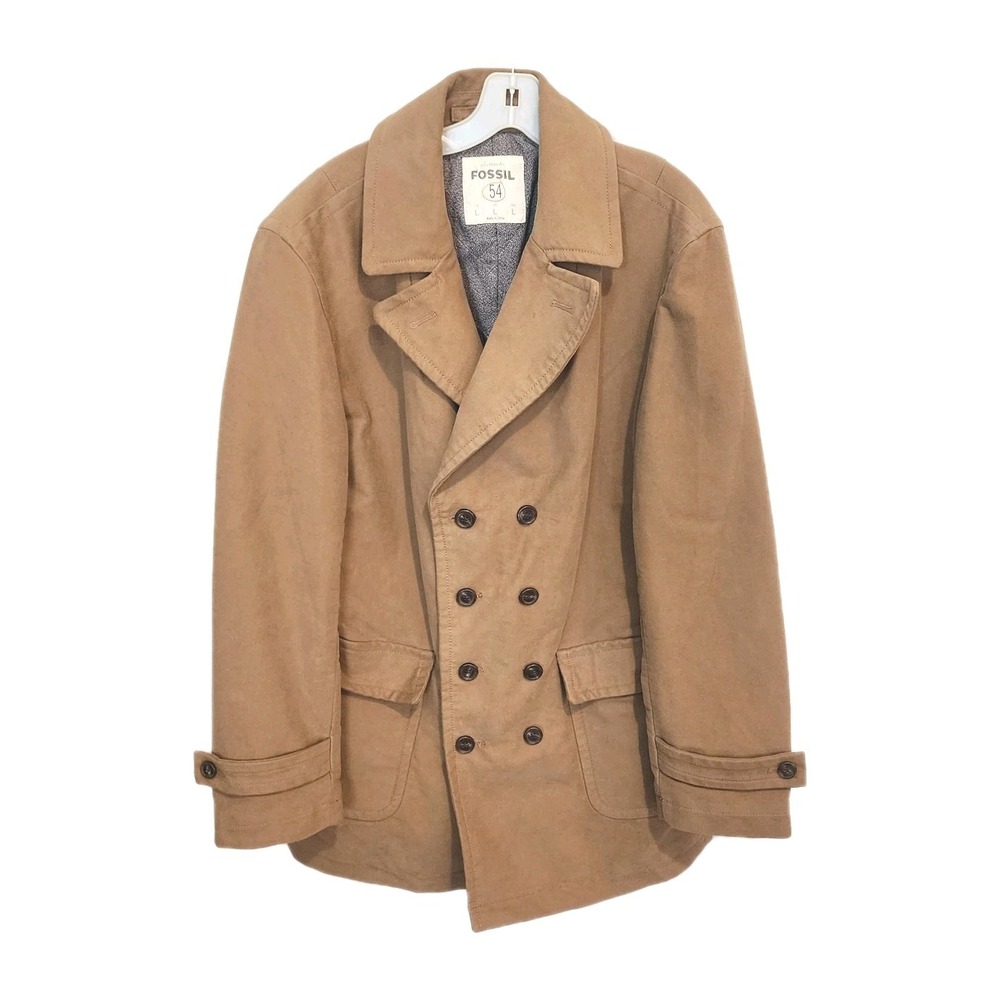 Fossil Mens Double‎ Breasted Trench Coat Jacket Large Tan Beige Casual Workwear